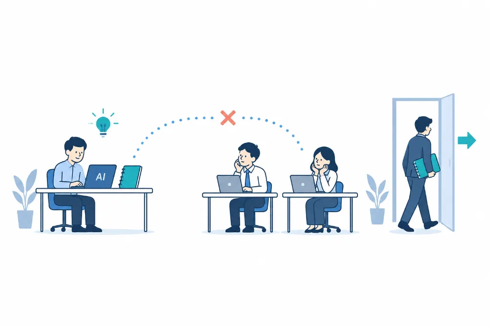 AIを使いこなす社員の工夫がほかの社員に伝わらず、その社員が退職するとノウハウも一緒に出ていく様子
