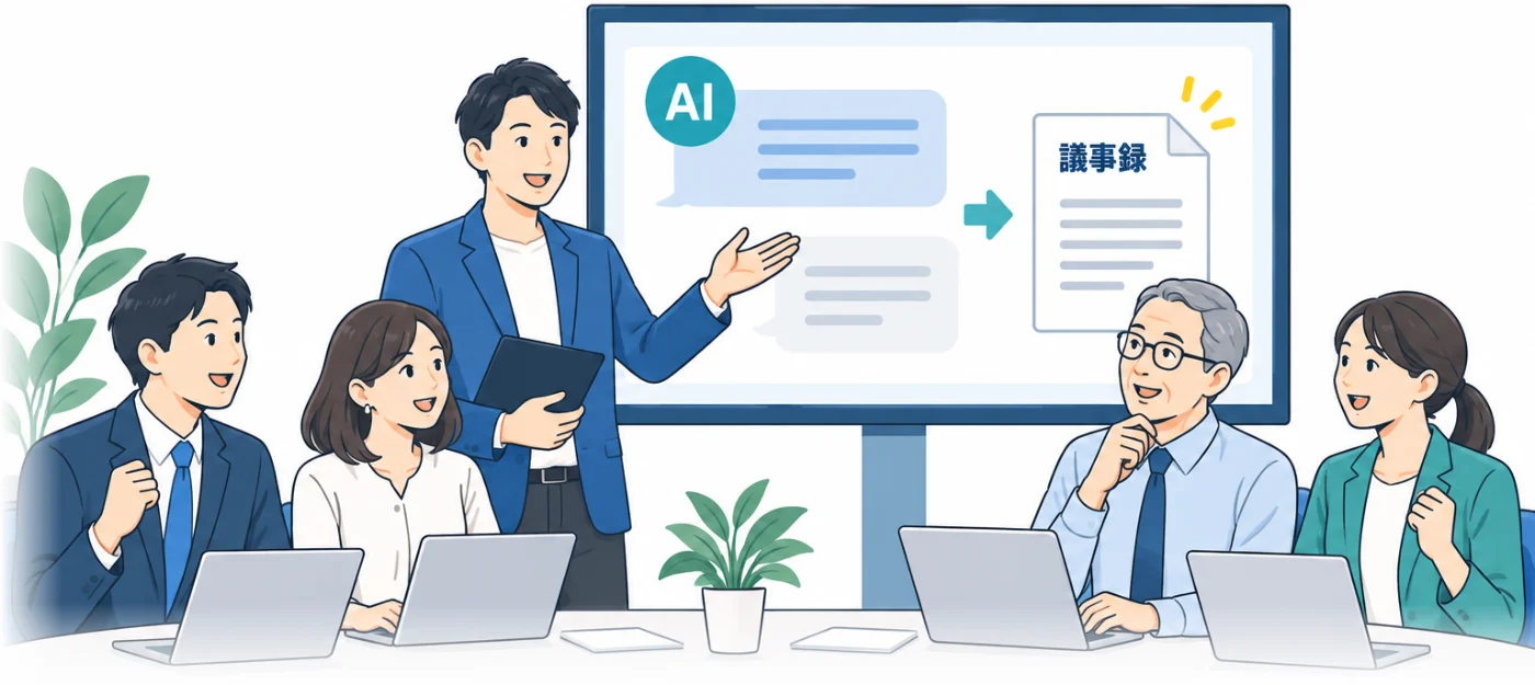 AI研修の様子。講師がモニターでAIの使い方を説明し、社員がノートパソコンで操作している
