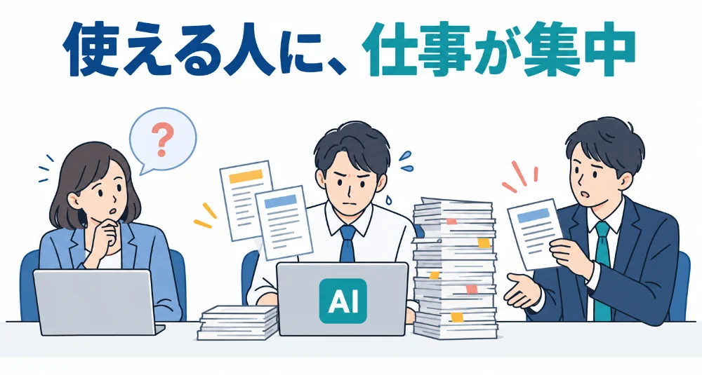AIを使える社員のもとに仕事が集まり、書類が積み上がっている様子