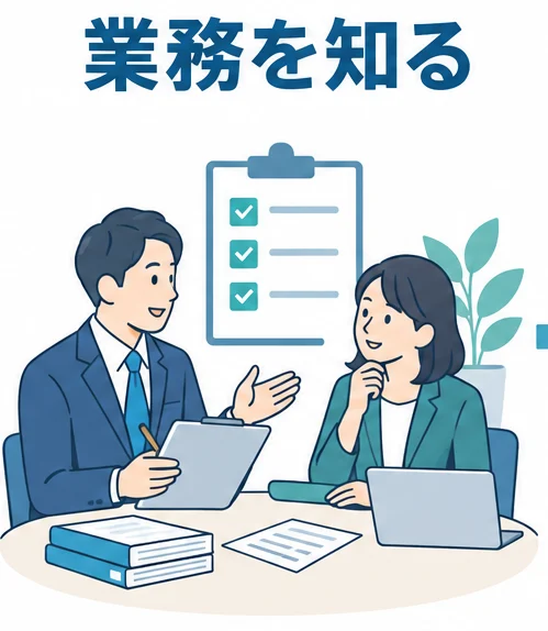 講師が、研修の題材にする業務の内容を聞き取っている様子