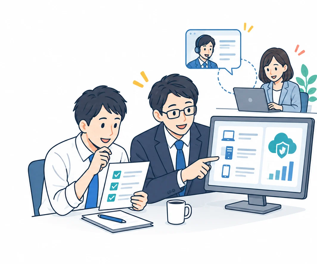 社外の情シスが、担当者と一緒にパソコンの画面を見ながらIT環境を確認している様子