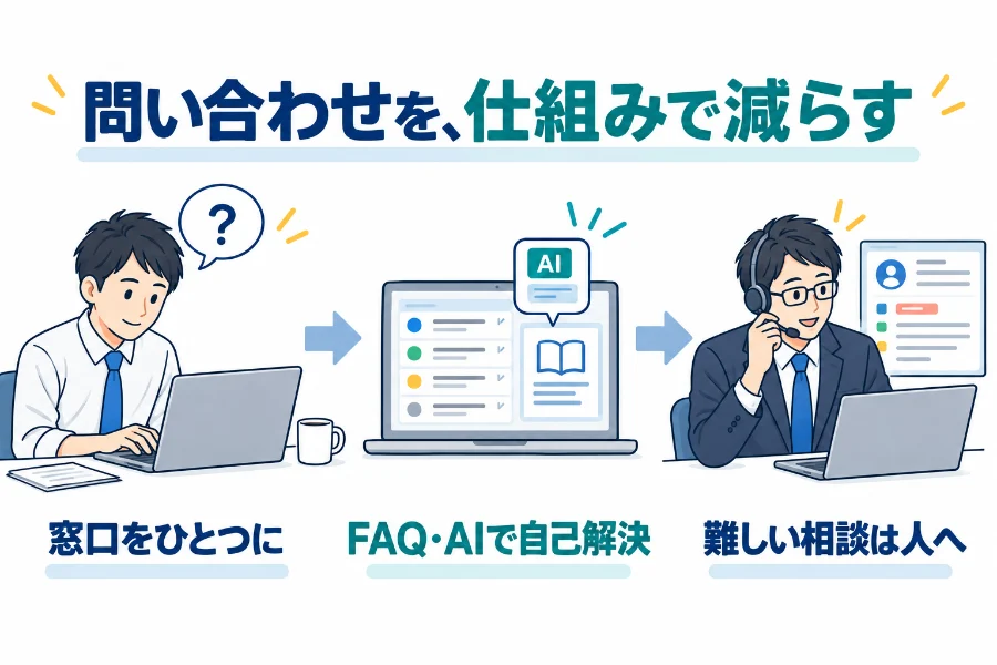 問い合わせの窓口をひとつにし、FAQとAIで自己解決、難しい相談は人が対応する流れ