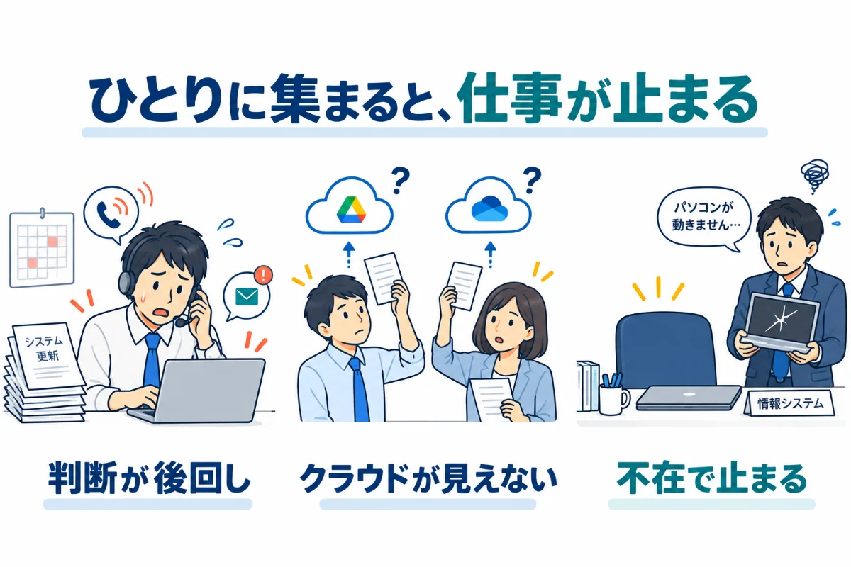 ひとりに集まると仕事が止まる。判断が後回し、クラウドが見えない、不在で止まる