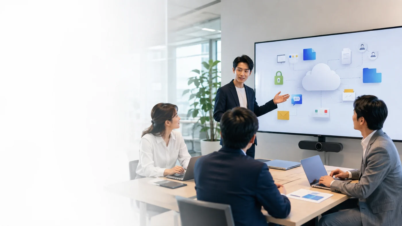 Microsoft 365の社内説明会で操作と運用ルールを説明している様子